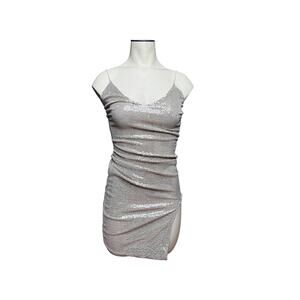 Chocolate U.S.A. Women’s Small Silver Sequin Bodycon Dress Slit Spaghetti Strap